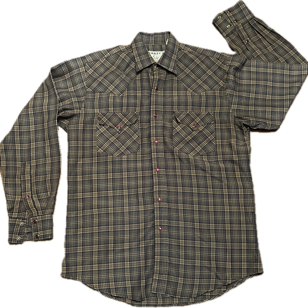 Crazy Cowboy ~Long Sleeve~ Pearl Snap~ Western Shirt~ M~ Plaid Brown/Orange/Blue